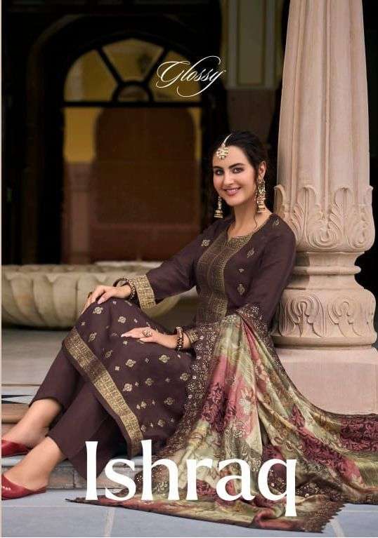 glossy catalogue ishraq series 9000 to 9007 pure jacqaurd silk designer partywear top and plazo suits partywear elegant dresses collection catalogue brand suit