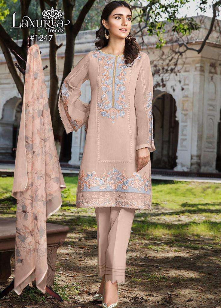 laxuria trendz design number 1247 kurtie with pant and duppta readymade pakistani suits collection 