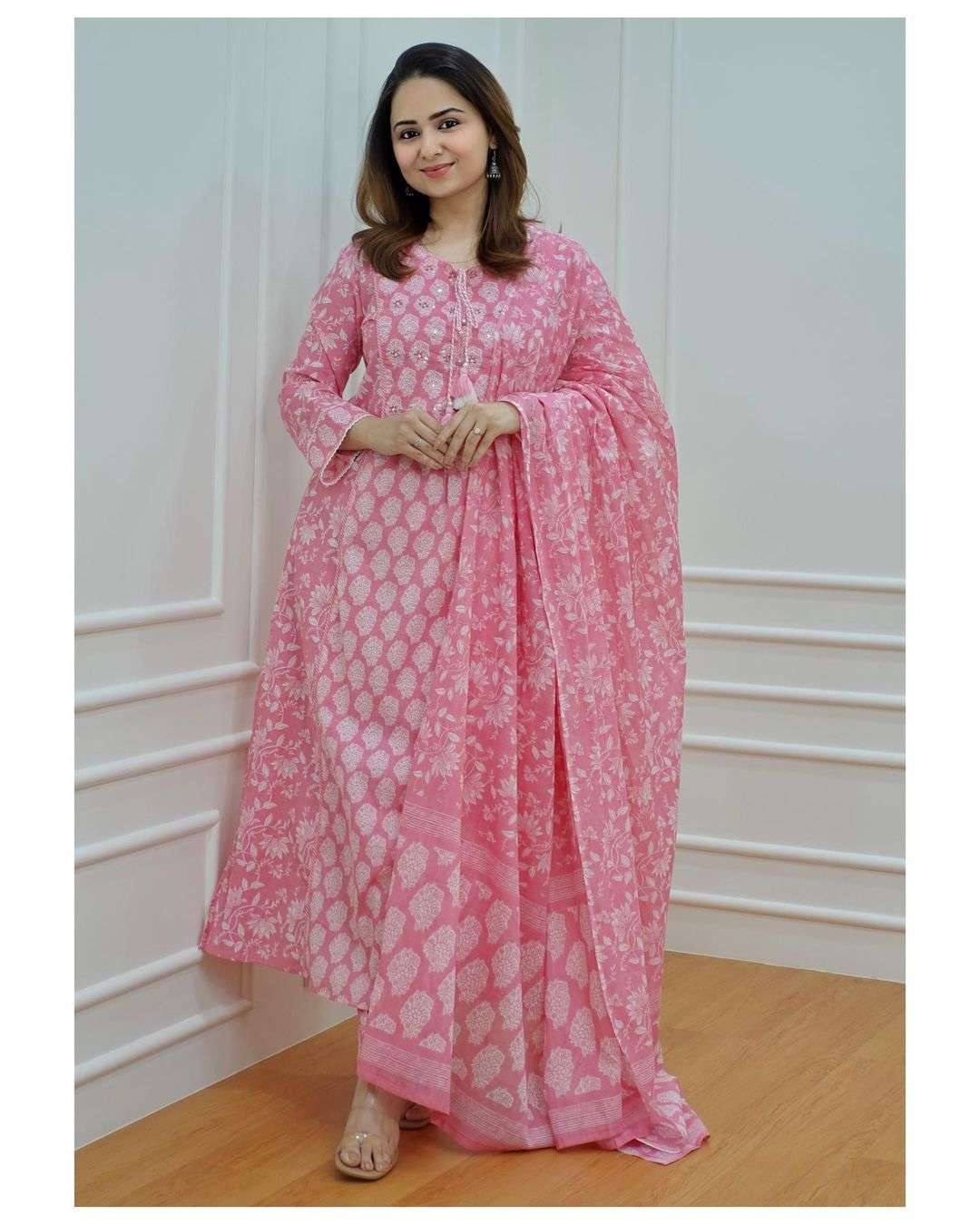 pink floral afghani suit set readymade pure cotton pink colour suit kurtie with pant and duppta frockstyle suit top readymade dress 