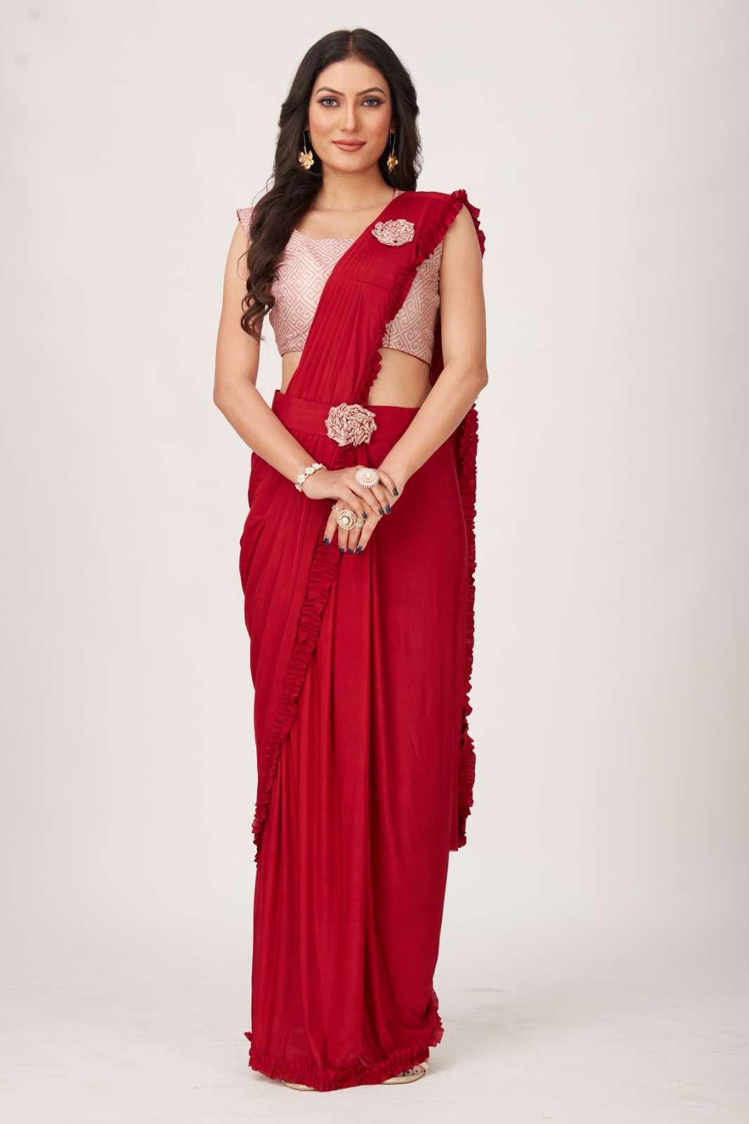 readymade saree design number 101001 ready to wear saree 1minute stylish elegant saree with imported fabric saree with frill border and belt ready to wear saree