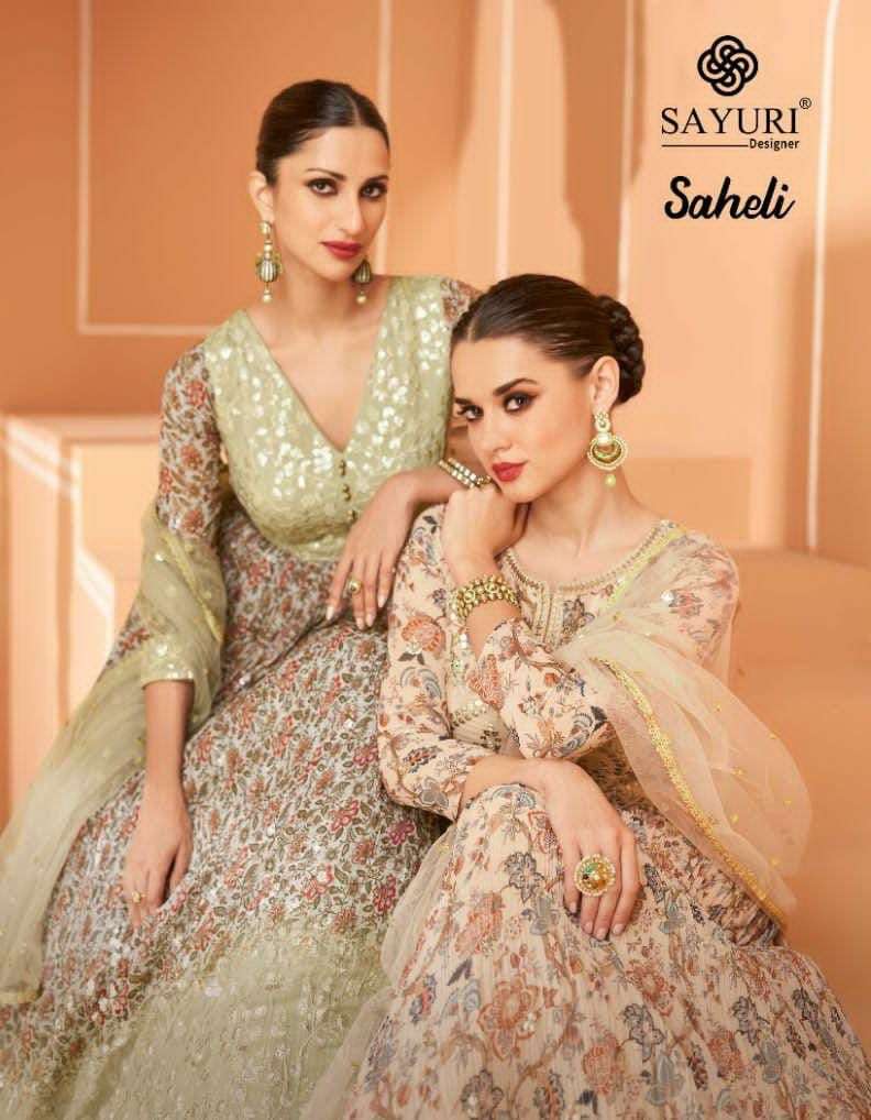 sayuri designer catalogue saheli series 5267 to 5269 readymade anarkali gown fullflair printed with front and back embroidery anarkali gown 