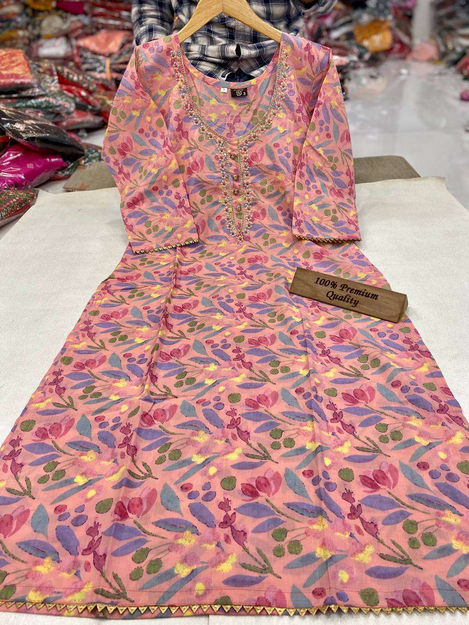 syska pure jaipuri printed cotton kurtie with beautifull handwork in neck and lace beautifull jaipuri printed kurtie collection