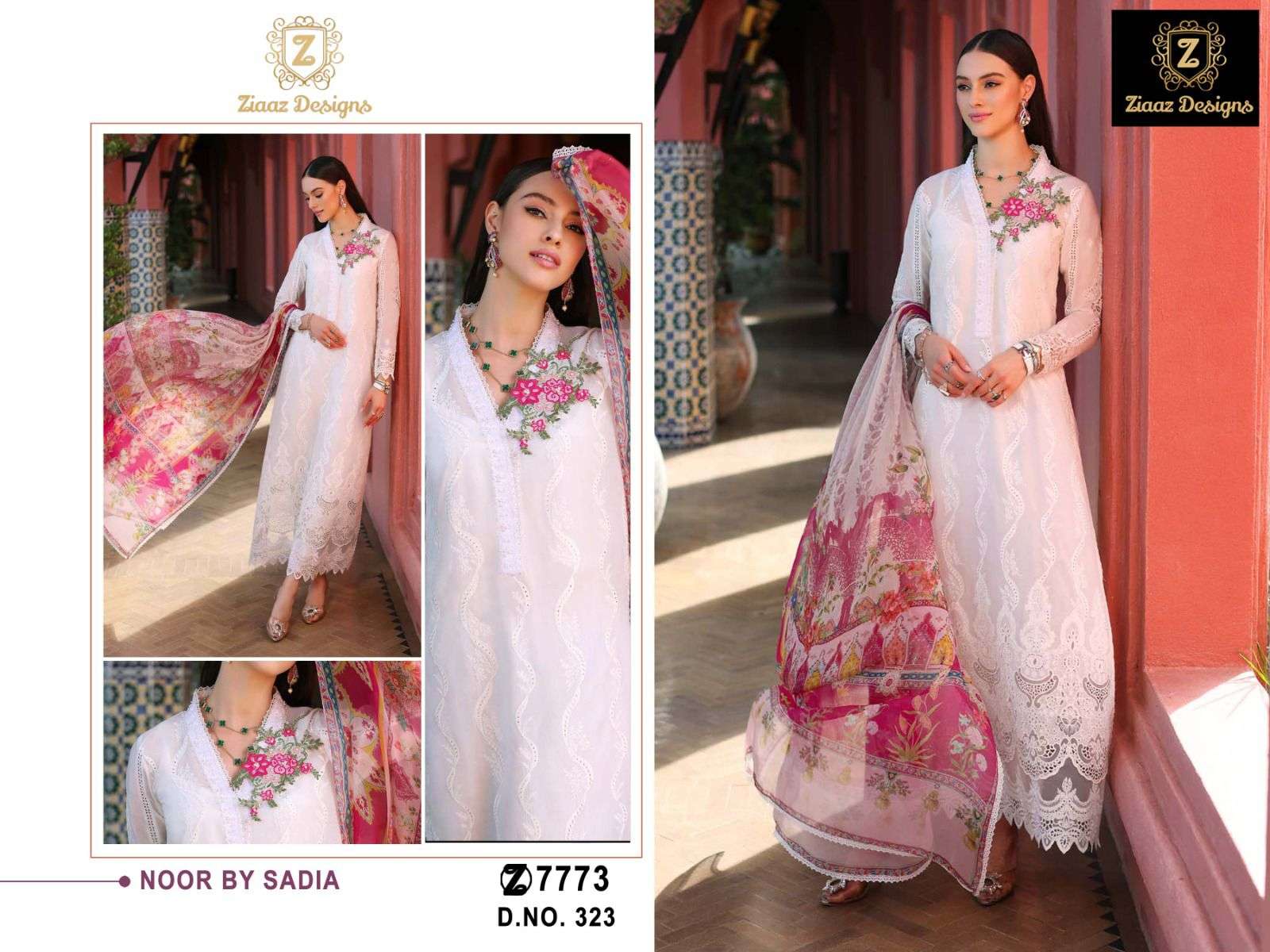 ziaaz design design number 7773 pakistani reyon heavy embroidery white colour suit pakistani suit wholesaler