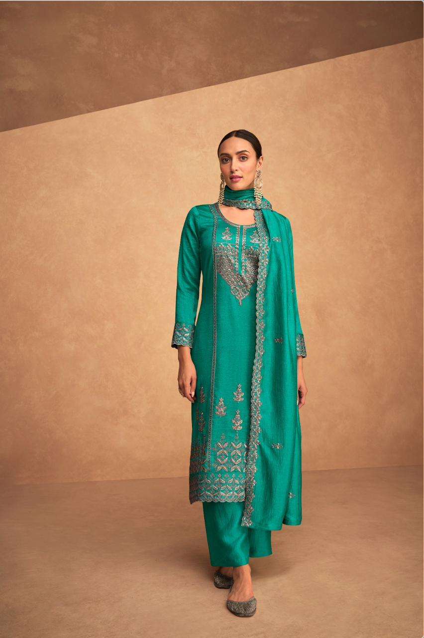 aashirwaad creation catalogue kashida plazo style suit series 9504 to 9507 heavy embroidery silk partywear dress catalogue brand suits collection