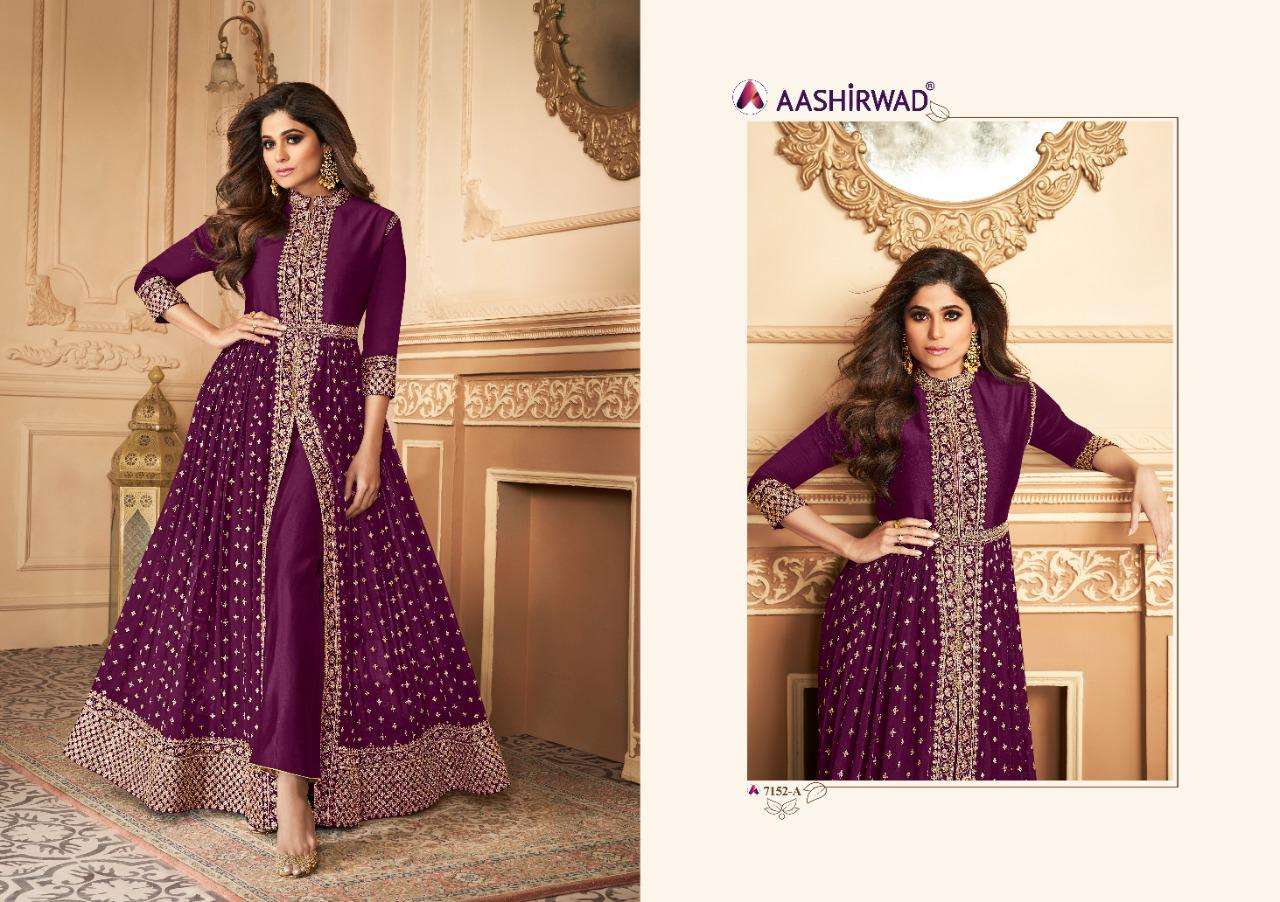 aashirwad creation catalogue anokhi series 7152 designer heavy embroidery frontslit open with pant partywear anarkali dresses collection