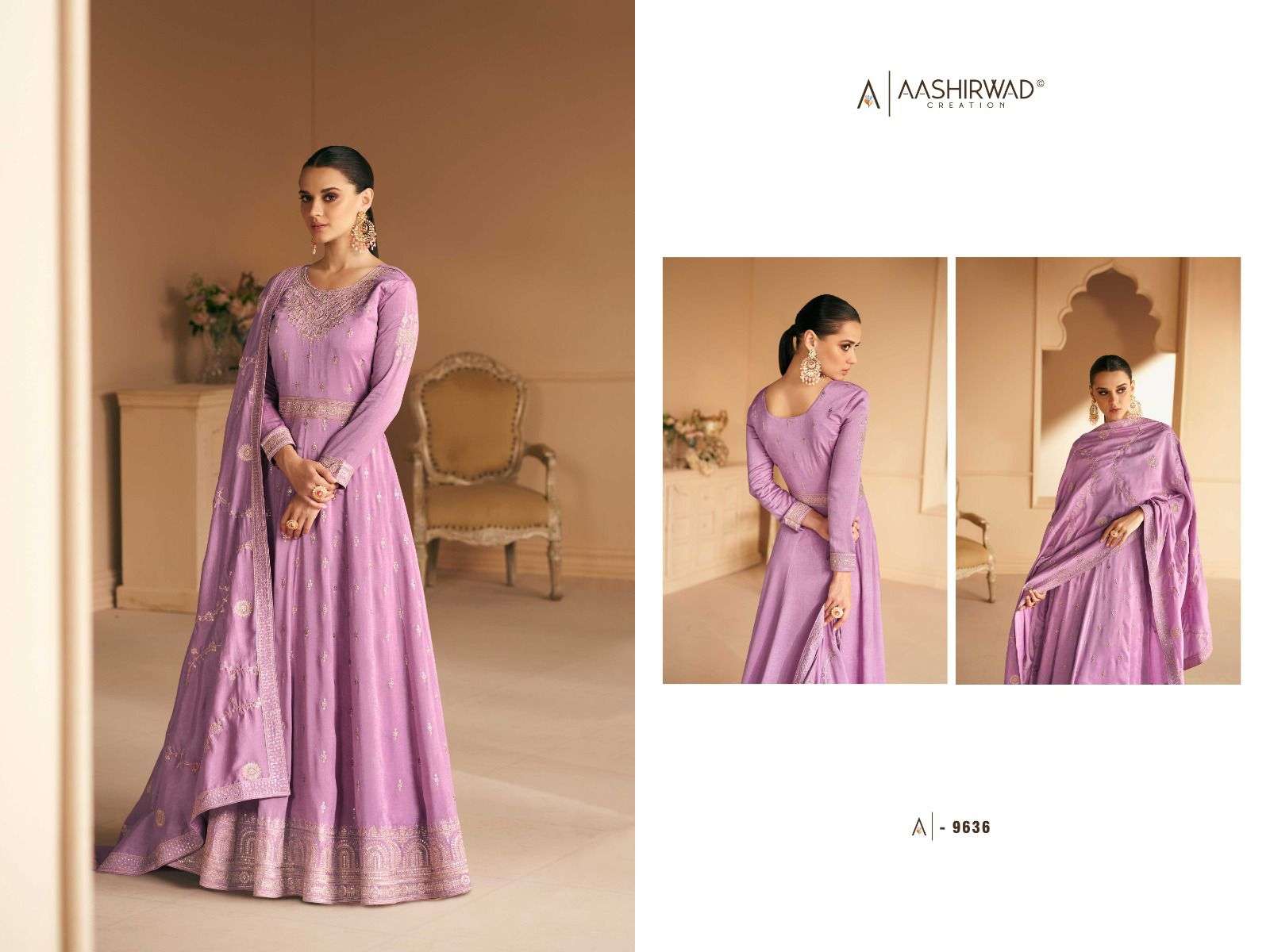aashirwad creation gulkand catalogue safar series 9636 to 9640 designer heavy embroidery partywear anarkali gown readymade free size stiched suit