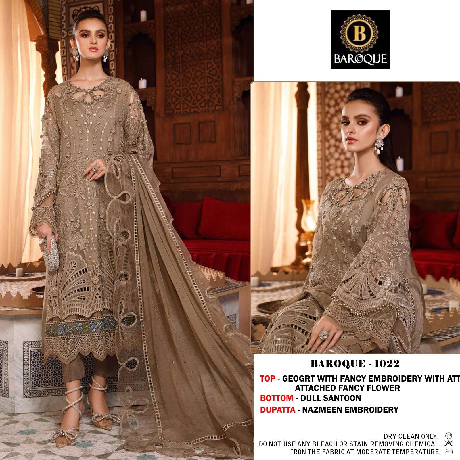 baroque 1022 georgette heavy embroidery with attach patch flower fancy work dark golden colour heavy embroidery pakistani suit 