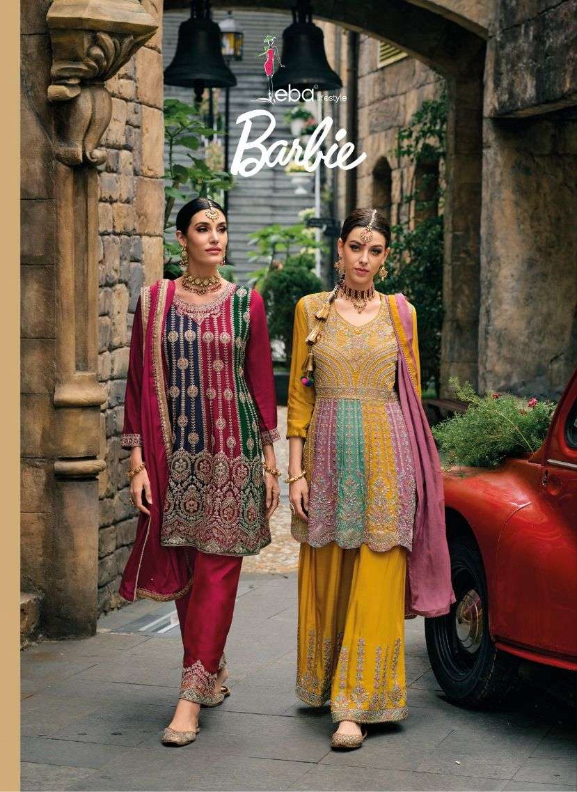 eba lifestyle catalogue barbie series 1608 to 1609 designer heavy embroidery designer partywear dress indian attire womens indian ethnic wear suits gharara suit readymade partywear gharara suit 