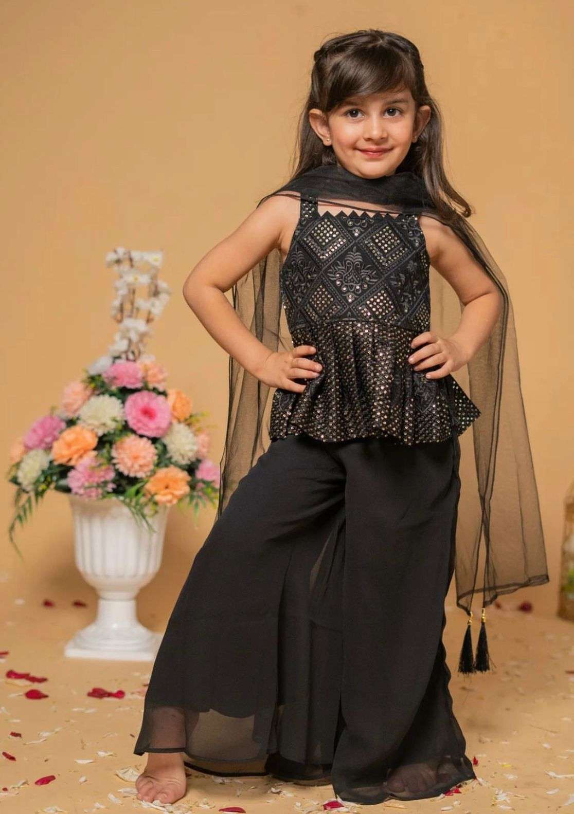 girls kids wear sharara suit  presernting new designer heavy sequence 5mm embroidery work  top with sarara with dupatta full sttiched ready to wear 3 to 15 year kids girls wear