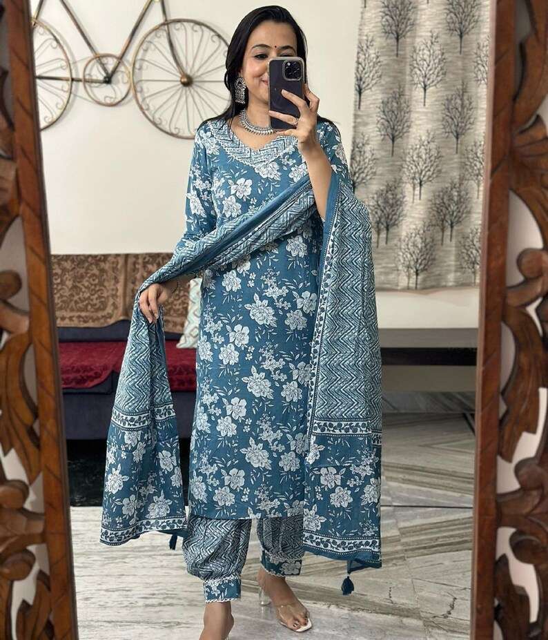 latest blue afghani party wear suit designer party wear suit pure cotton readymade afghani suit afghani pattern pant kurtie with pant and duppta readymade cotton afghani suit set