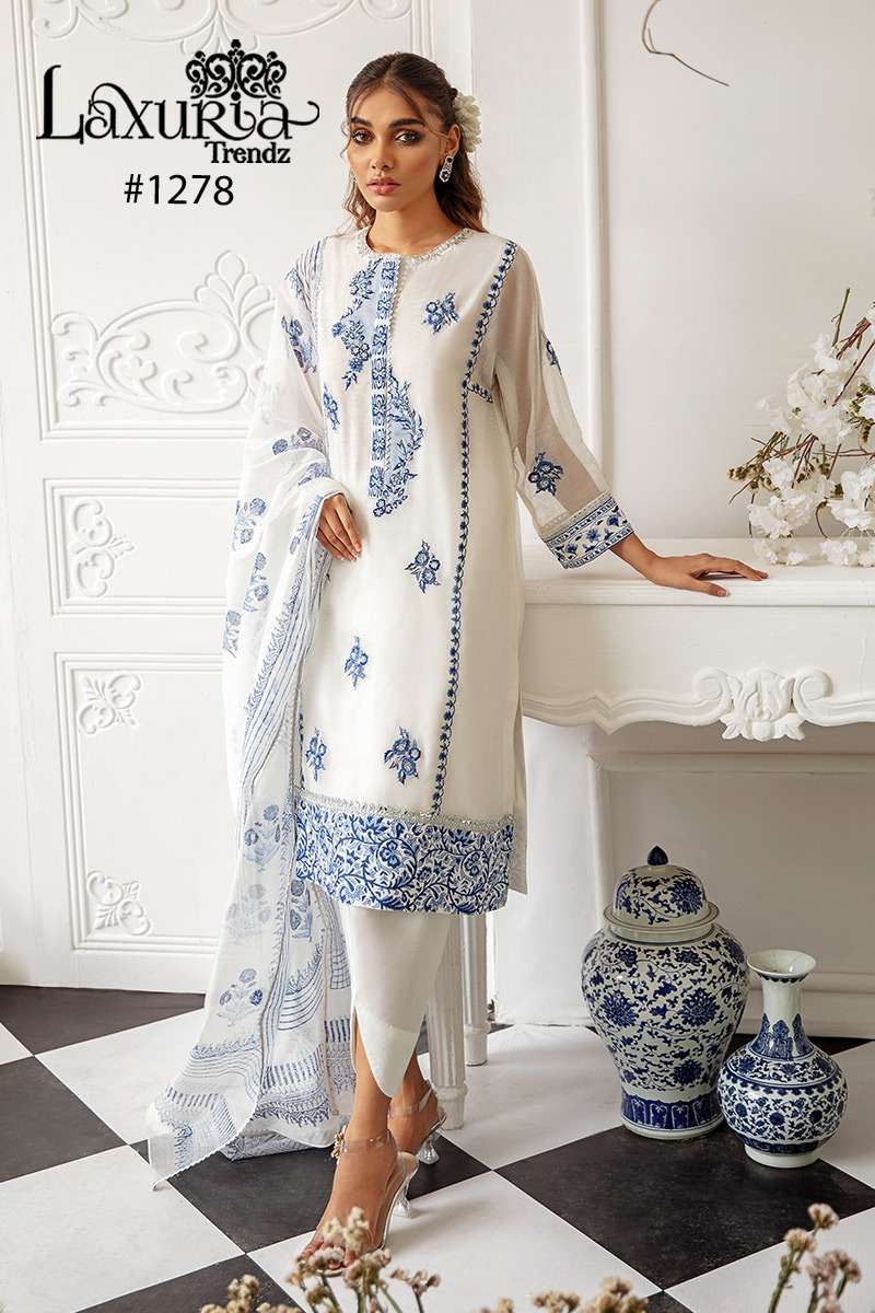 laxuria trendz design number 1278 handwork collection kurtie with pant and duppta handwork readymade white colour pakistani readymade suit collection