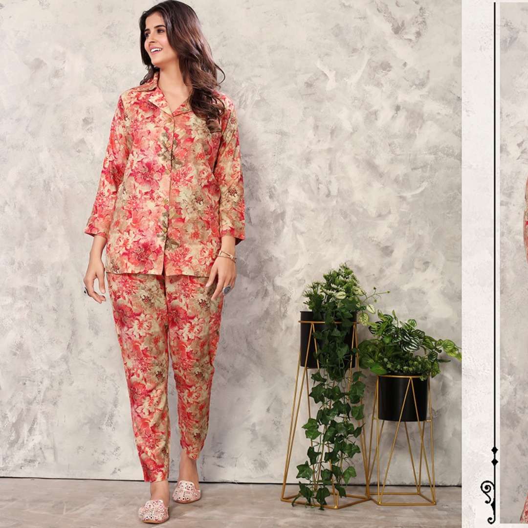 moksh international coord set vol1 premium quality coord in reyon cotton printed for women with same shirt and pant print stylish coord set for women and girls coord set