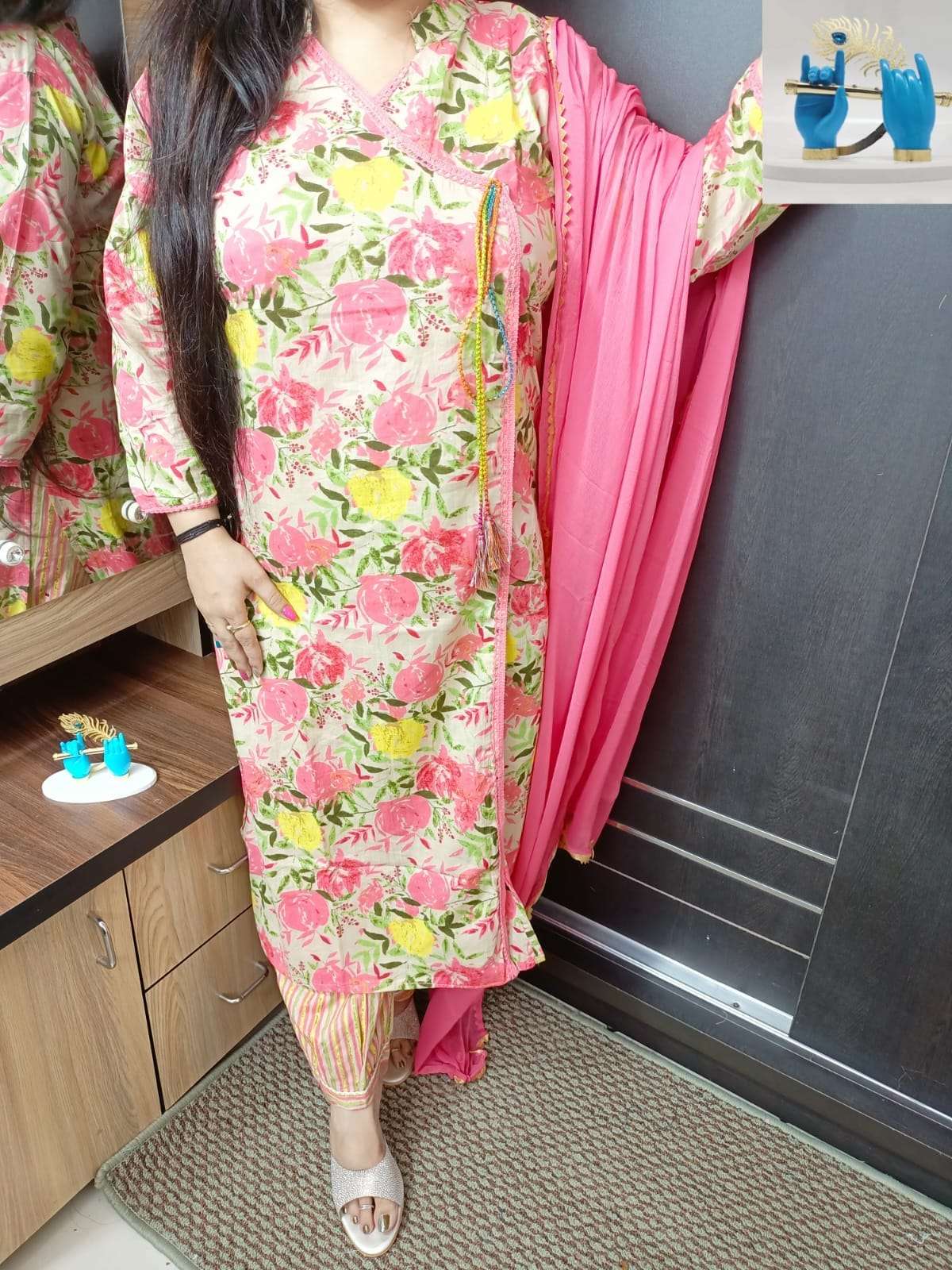 pure cotton printed angrakha style kurtie paired with afghani pant and duppta readymade kurtie with pant and duppta 