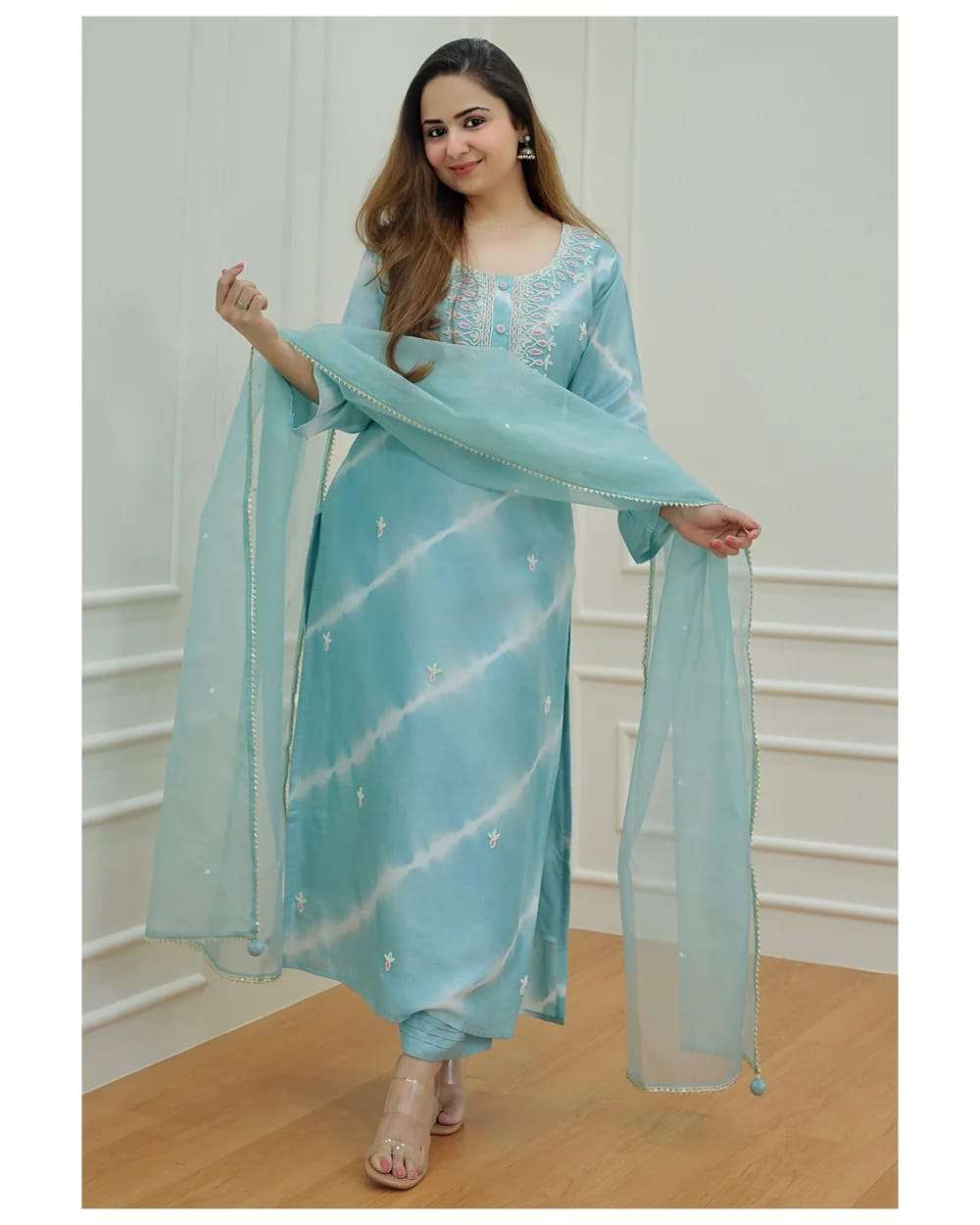 rakhi special new launching pure chanderi silk suit with organza dupatta sky blue leheriya silk suit hand embroidery allover sky blue readymade suit 