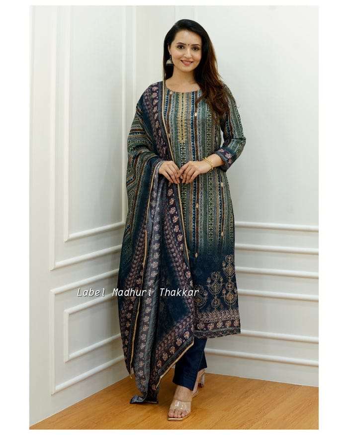 readymade dress navy blue silk suit set hand embroidery zari weaving and prints matching pants and lace dupatta navy blue fabric pure muslin readymade kurtie with pant and duppta 