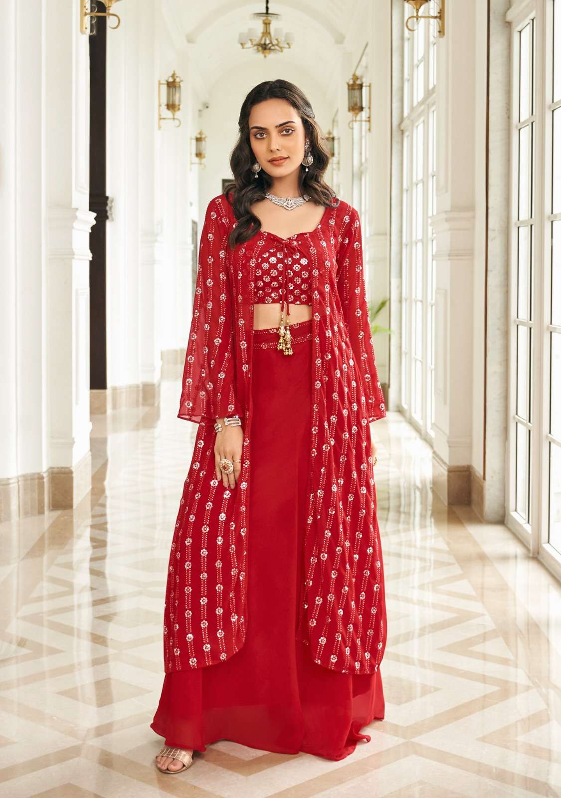 shreematee fashion catalogue zainab series 133 to 135 indowester partywear croptop with sharara bottom and jacket stylish designer partywear indowestern collection