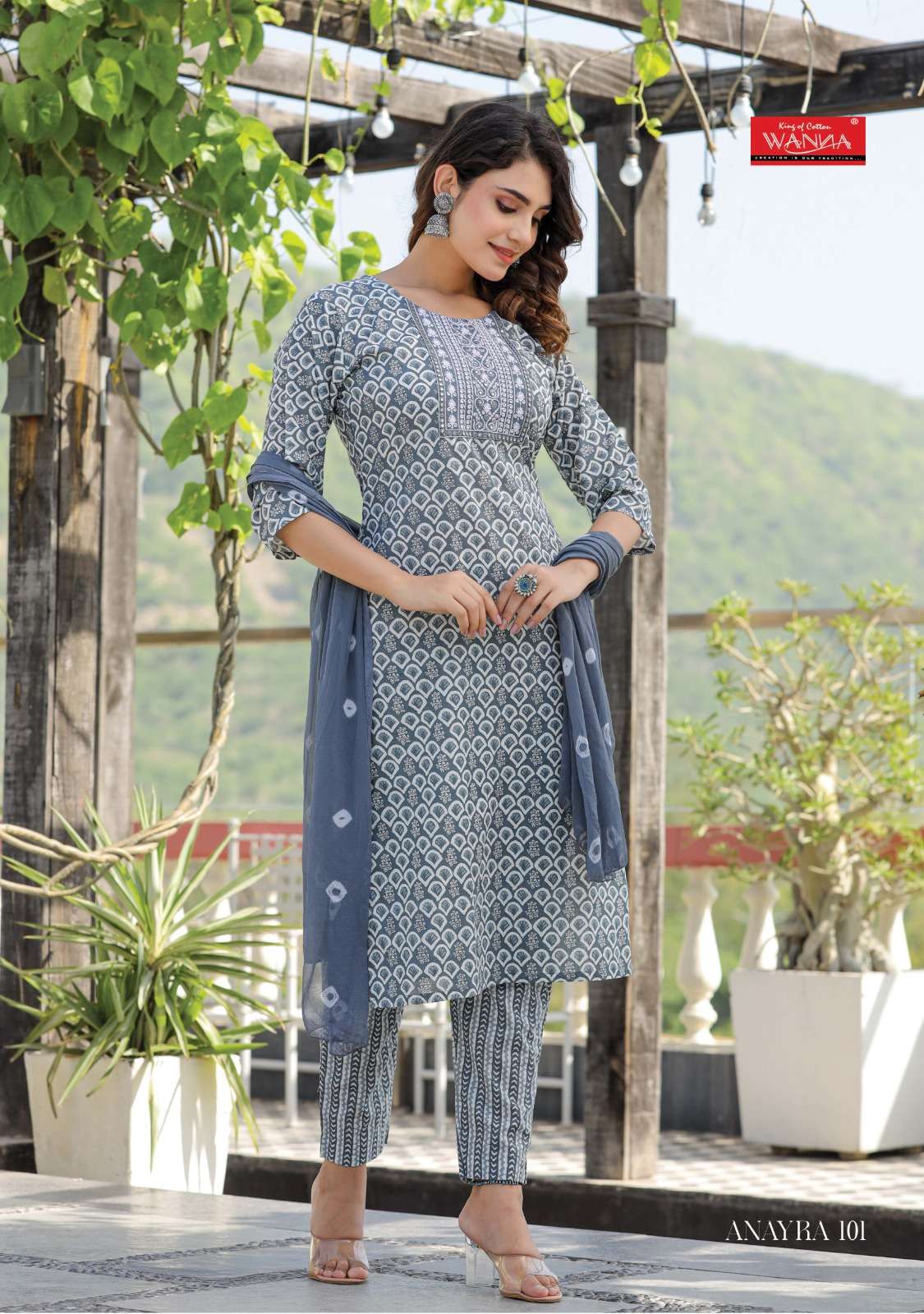  wanna catalogue anayra series 101 to 106  new sober fancy pure n rich cotton cambric sober thread work kurti with cotton pant n shiffon dupatta 