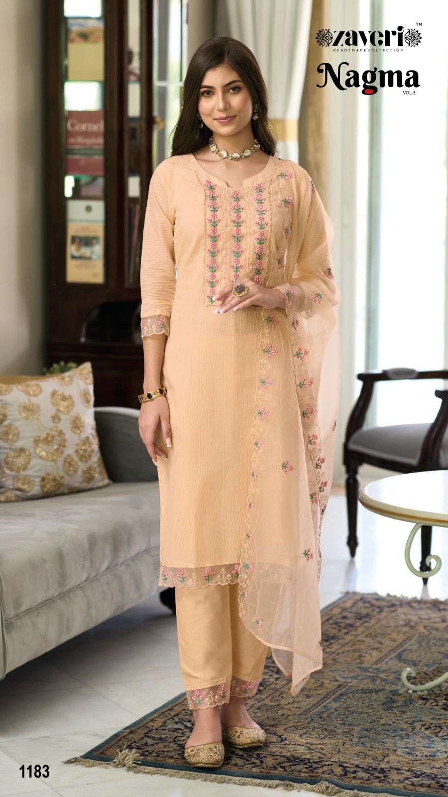 zaveri readymade collection catalogue nagma vol 3 series 1183 to 1186 designer elegant straight suit readymade pure cotton fancy embroidery suit collection