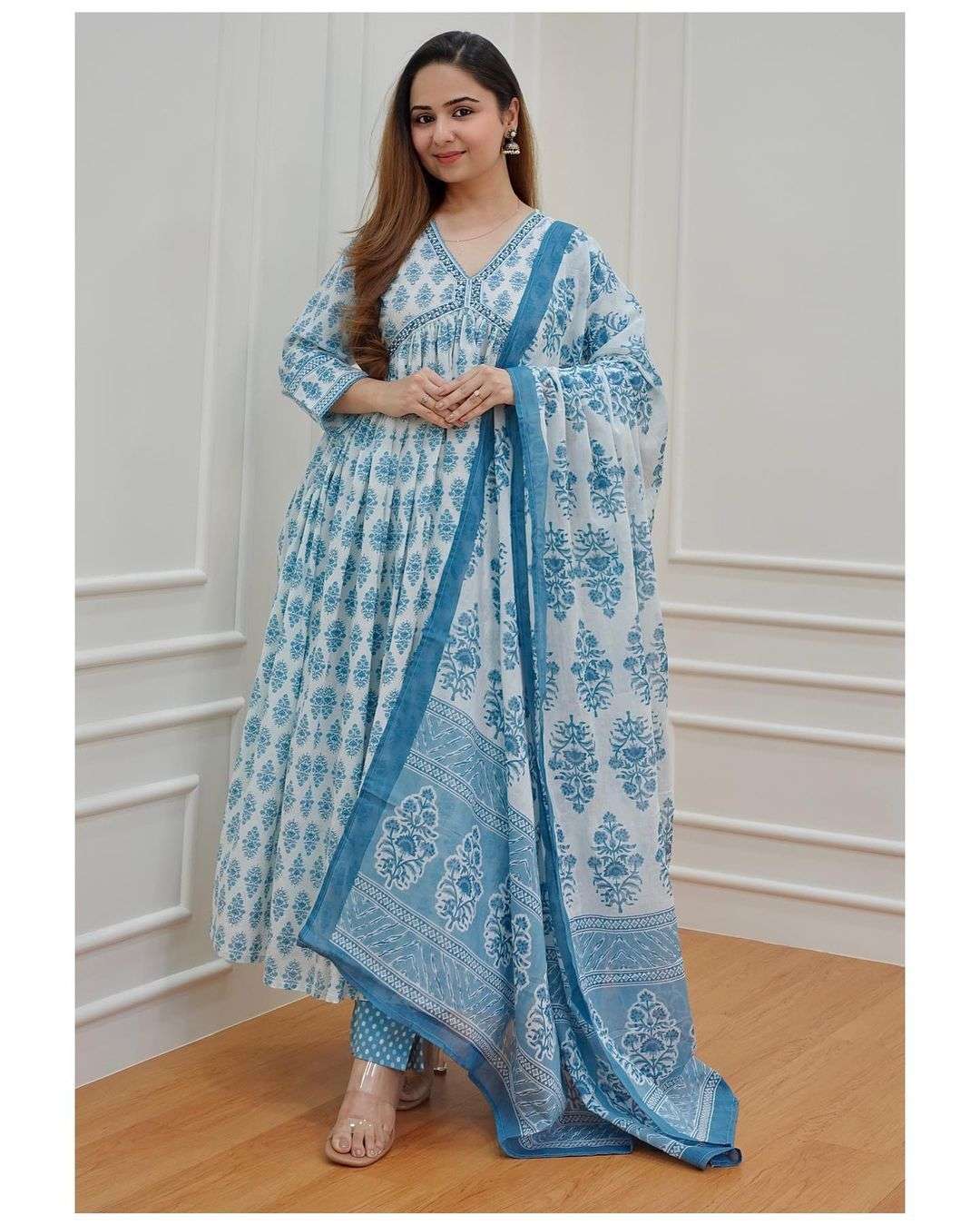 alia cut blue n white suit set with beautiful mill print floral and handwork pure cotton aliya cut readymade dress kurtie with pant n duppta  