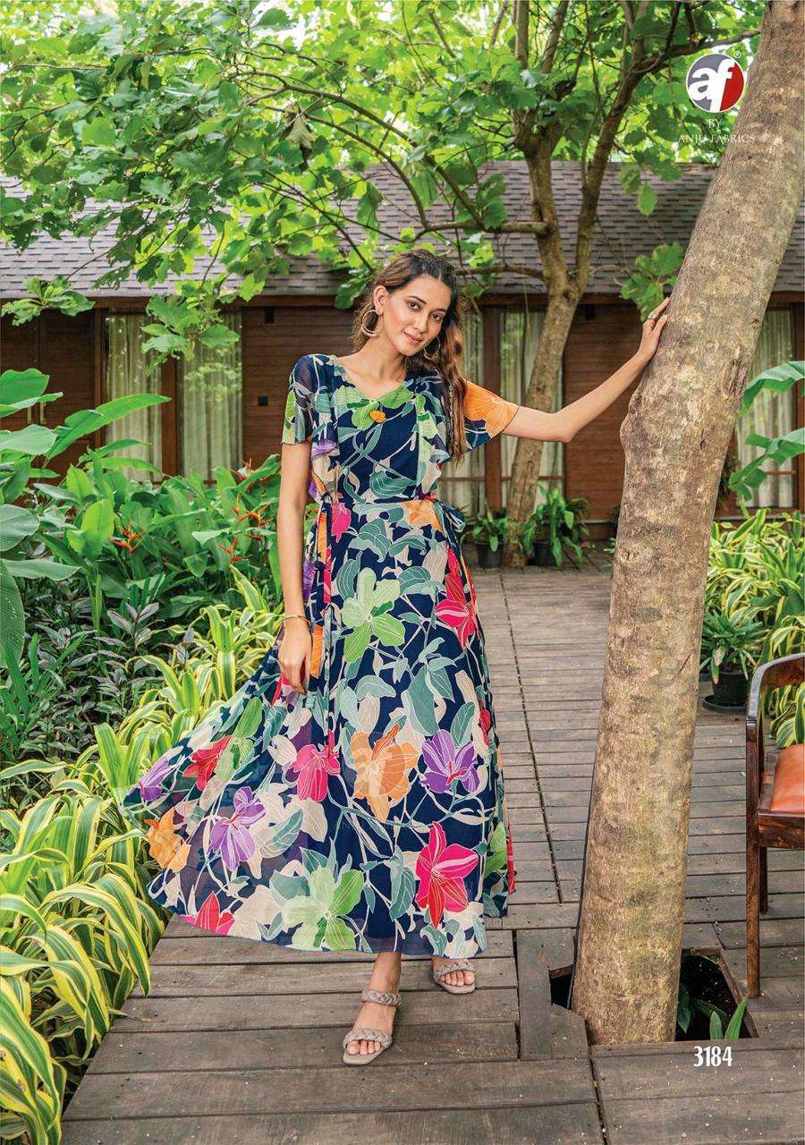 anju fabrics catalogue coral charm vol 3 series 3181 to 3186 long one piece dress gown suit floral print ankle length one piece gown 