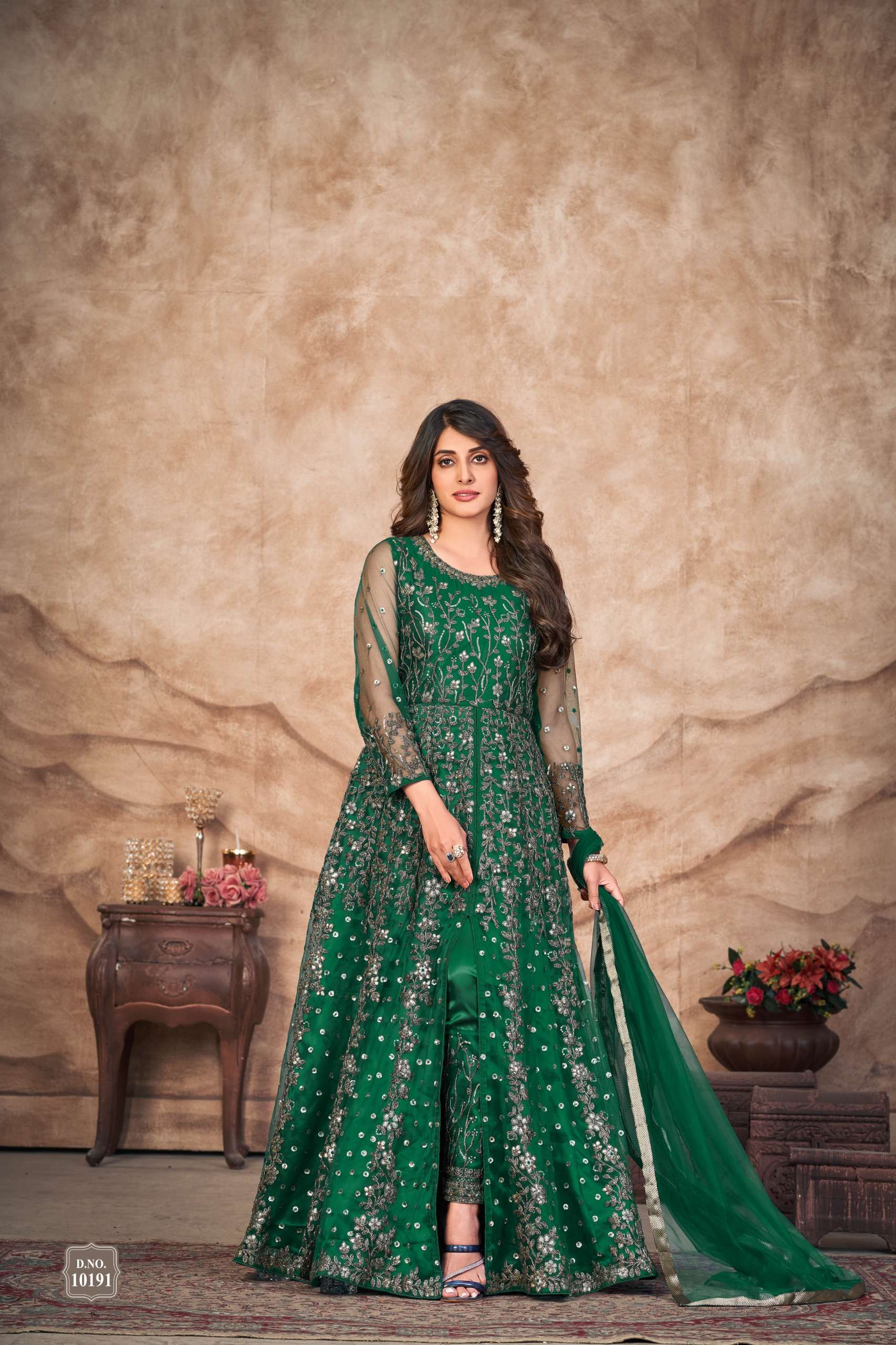anjubaa vol 19 series 10191 to10194 designer partywear heavy embroidery front slit open gown style anarkali dress partywear designer suit collection catalogue brand 