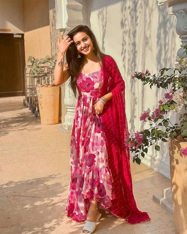 design number 488 pretty pink anarkali suits are a common traditional attire that women like to wear on festive occasion florals and patterns pink colour readymade gown with duppta