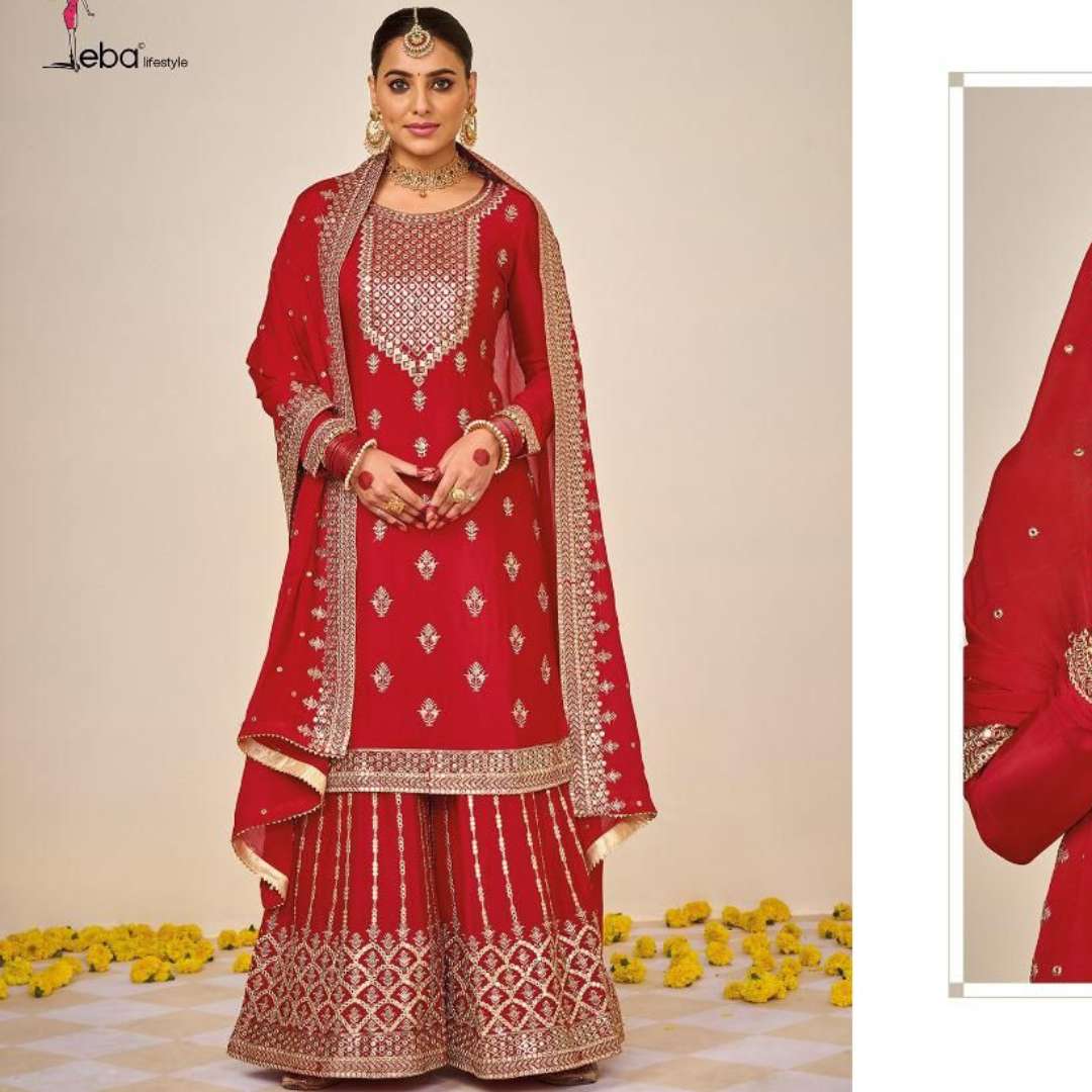 eba lifestyle present catalogue hurma 38 hit deign series 1498 heavy chinon with heavy embroidery sharara suit designer partywear dresses collection red colour partywear suit  