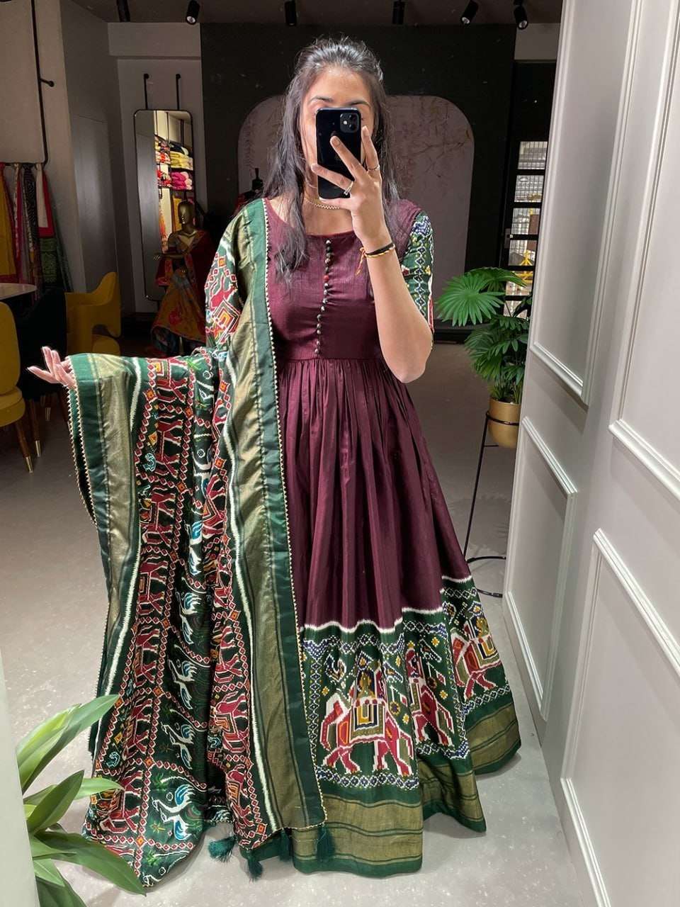 heavy patola gown traditional gown heavy silk gown work patola and digital print with beautiful balloon sleeve
