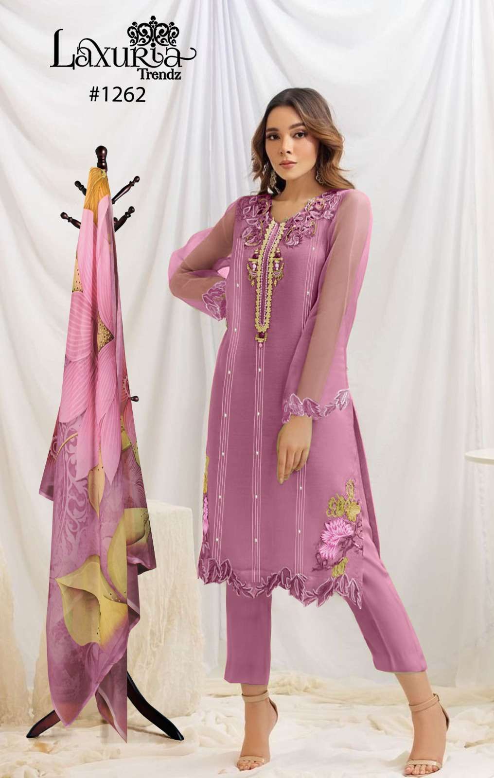 laxuria trendz design number 1262 tunic readymade handwork organza fabric pakistani concept readymade dresses collection