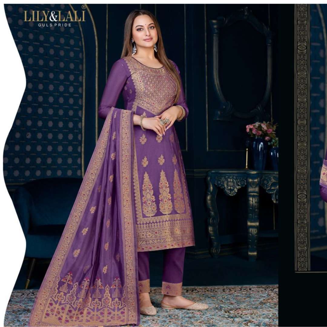 lily n lali catalogue silkkari 3 sonakshi sinha collection readymade banarasi silk suit pure organza jacquard top with handwork and inner readymade straight catalogue brand suit  