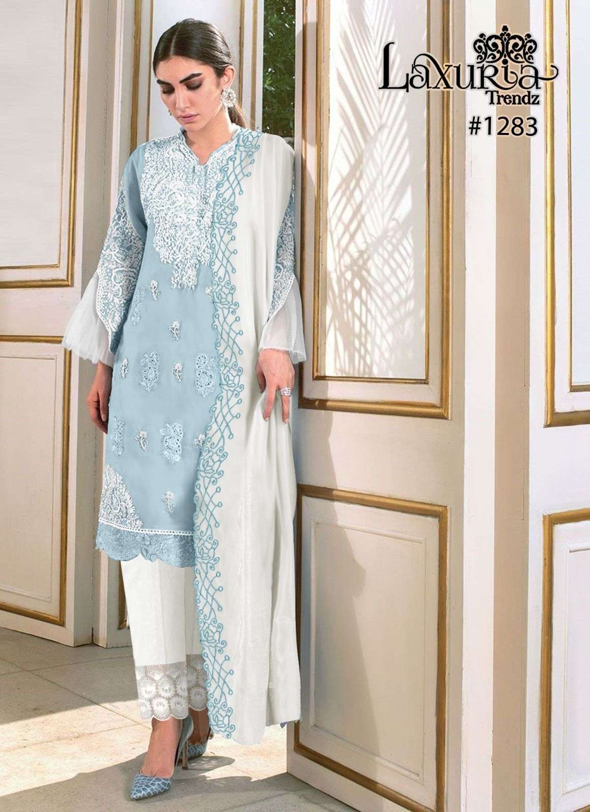 new handwork collection kurti with pant n duppta laxuria trendz design number 1283 luxury pret collection in tunic n cigarette pants with embroidery cut work duptta readymade pakistani suit 