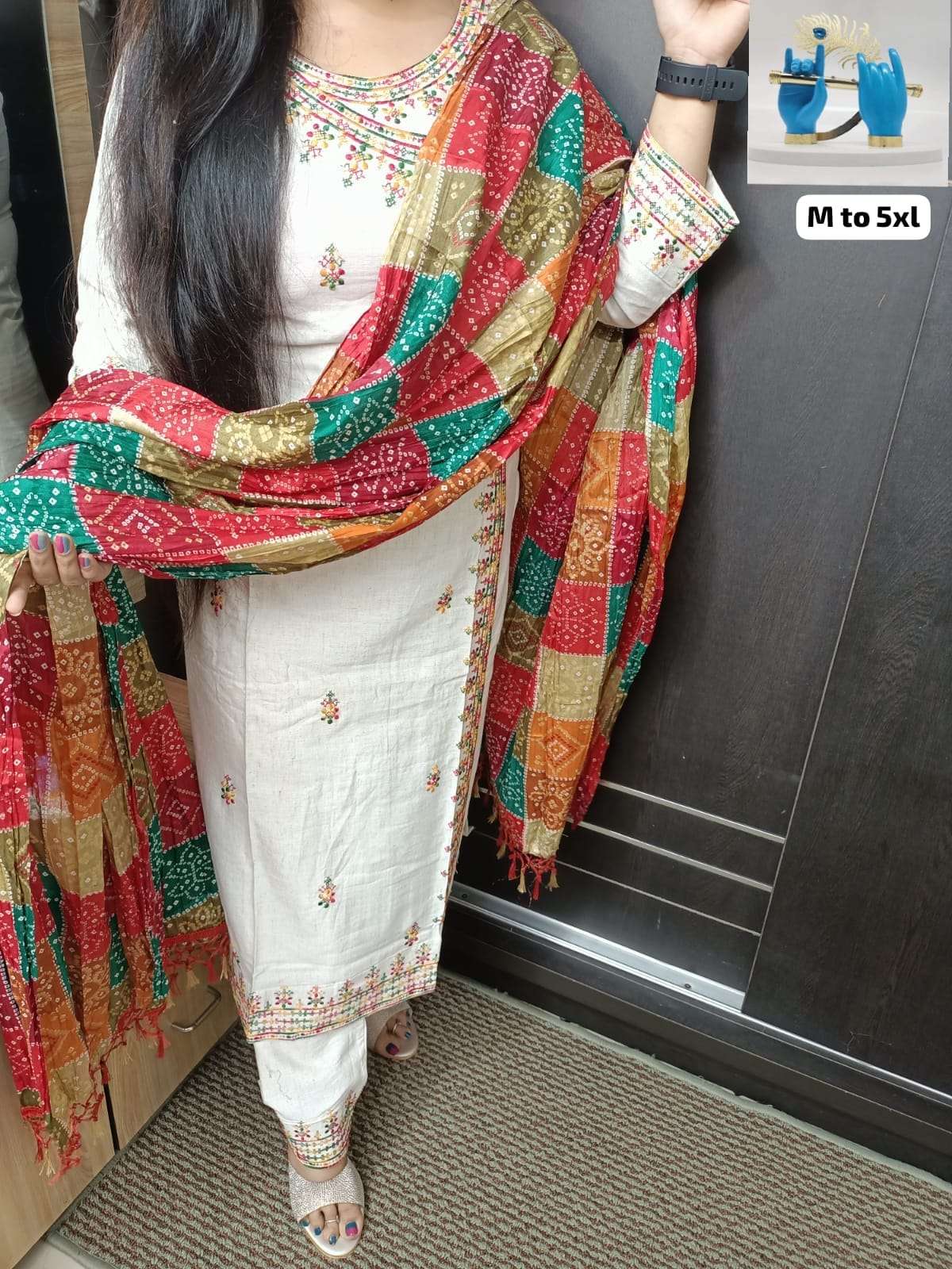 pure khadi cotton with beautiful multi colour embroidery kurta pant set n dupatta readymade kurtie with pant and duppta   