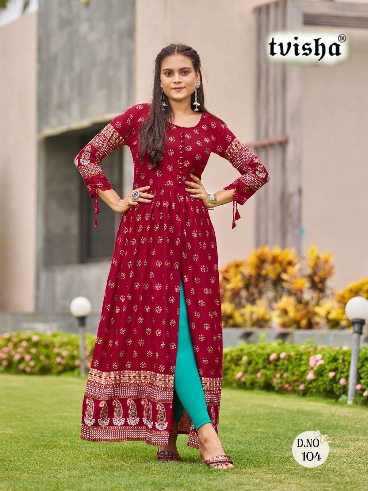 pushpa 5 front slit long gown with fancy sleeves and round buttons fabric heavy rayon print readymade kurtie front slit open  