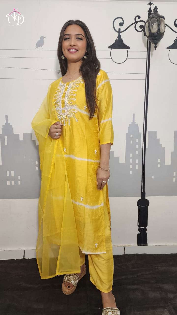 rakhi special yellow colour leheriya with handwork outfit for women pure chanderi silk suit with organza dupatta readymade yellow colour handwork embroidery leheriya style suit  