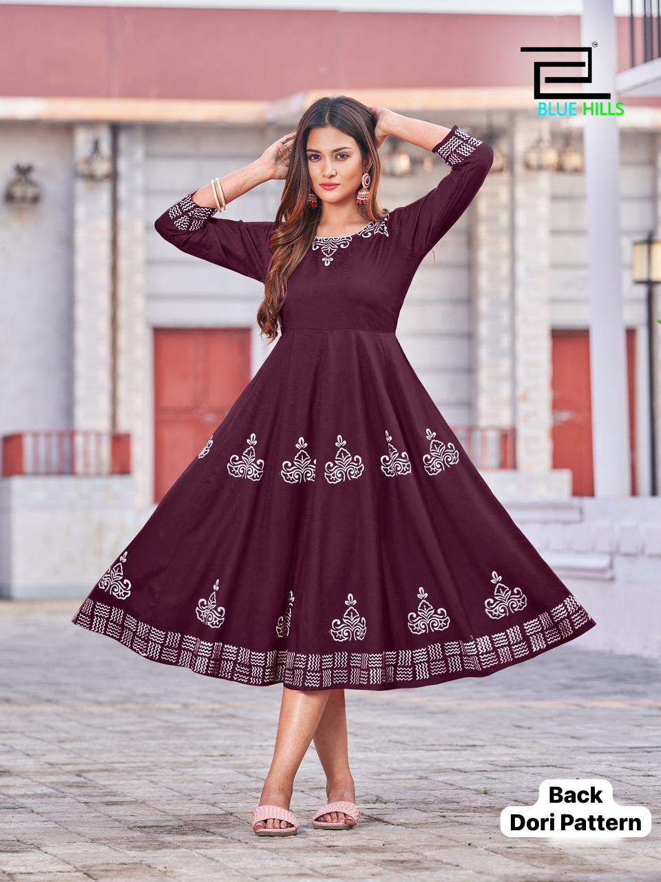 rang rasiya anarkali style in 8 colors back dori pattern frock style kurtie knee length one piece frock gown for dailywear for girls