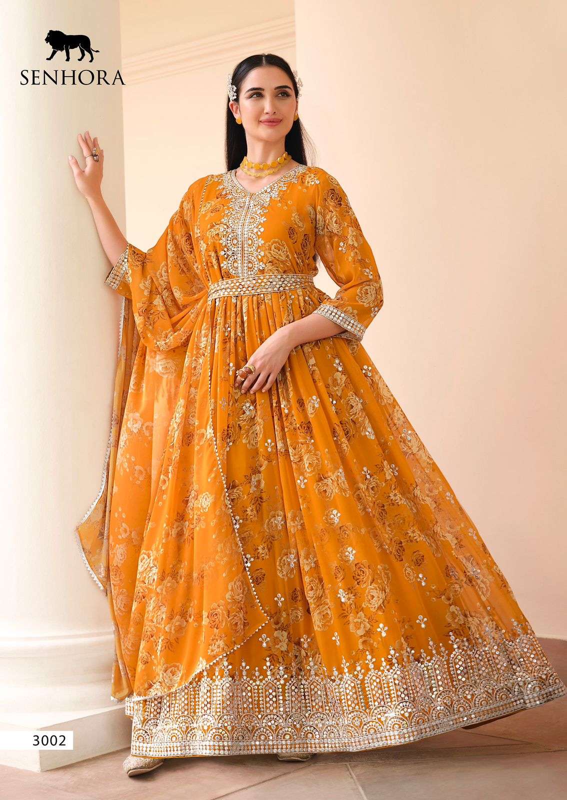 senhora dresses official catalogue kesha series 3002 to 3005 floral printed georgette anarkali gown with waist stylish belt anarkali gown with full flair readymade indian attire 