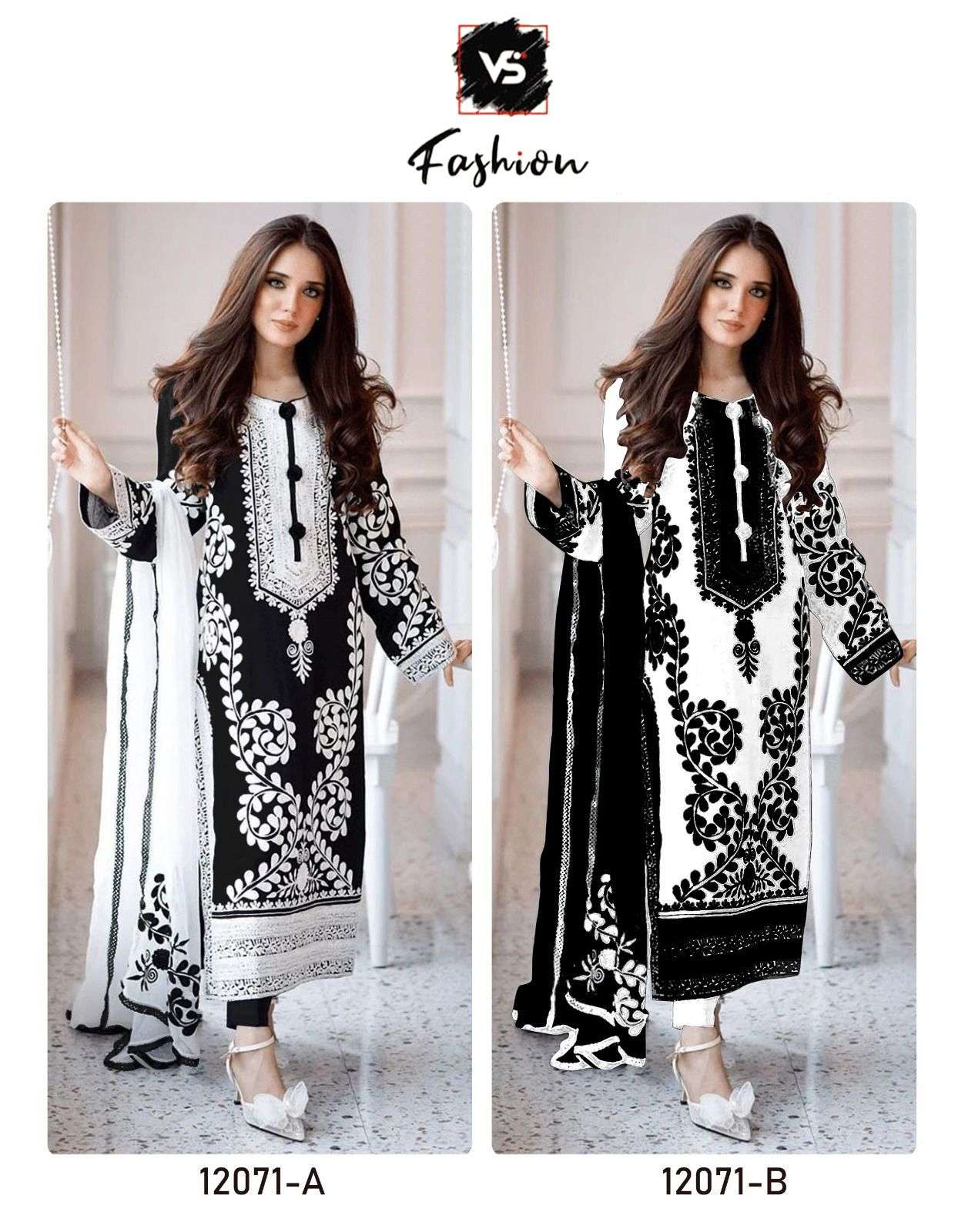 vs fashion design number 12071 launching pakistani concept georgette heavy embroidery blackn white suits collection 