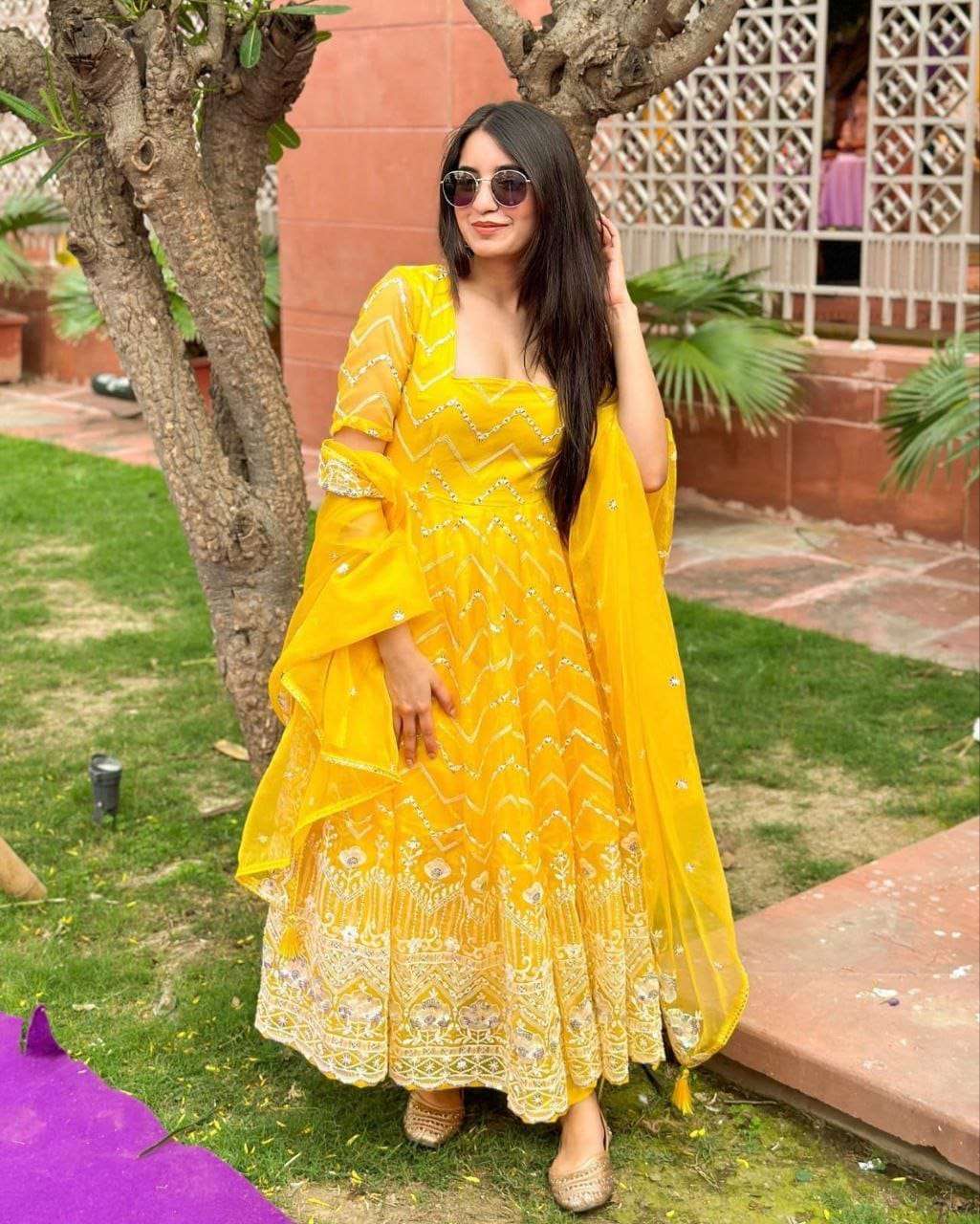 yellow daze suit wedding collection haldi reception georgette heavy embroidery readymade gown with duppta partywear dress 