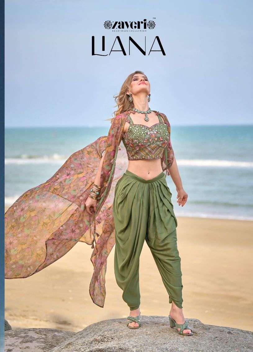 zaveri readymade collection catalogue liana series z1134 to z1137 dhoti style bottom croptop with duppta stylish indowestern for women stylish indowestern collection  