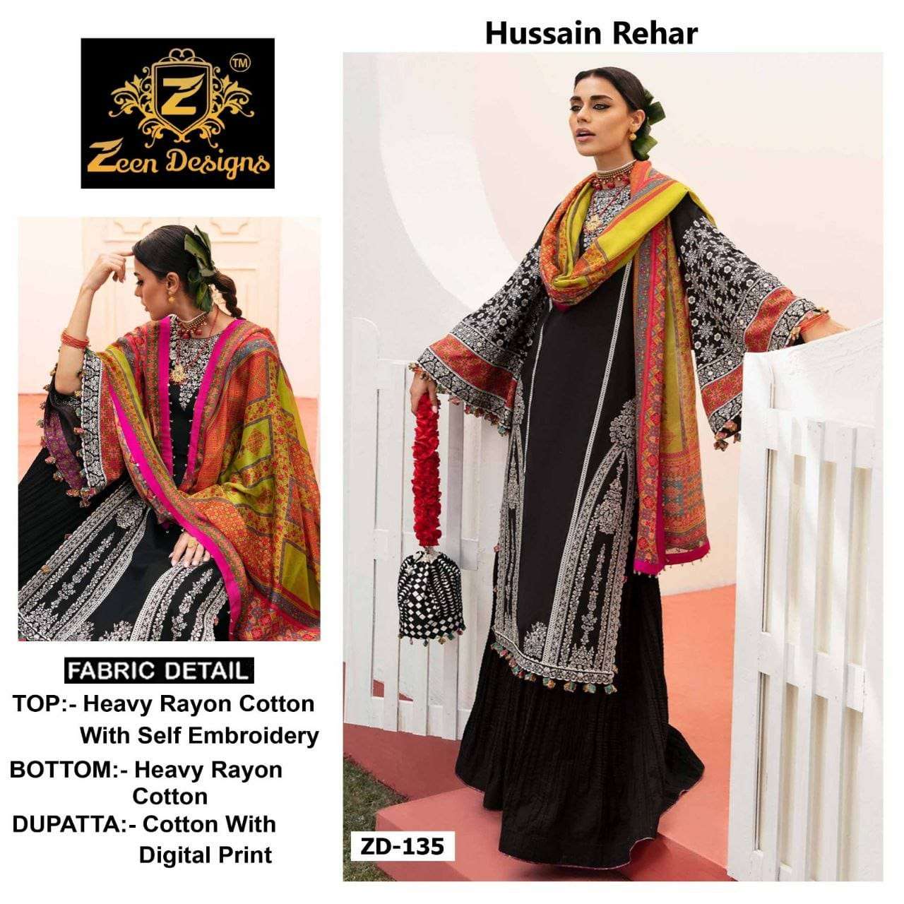 zeen designs presents catalogue husaain rehar zd 135 series heavy reyon cotton with self embroidery black colour pakistani dress pakistani suit 