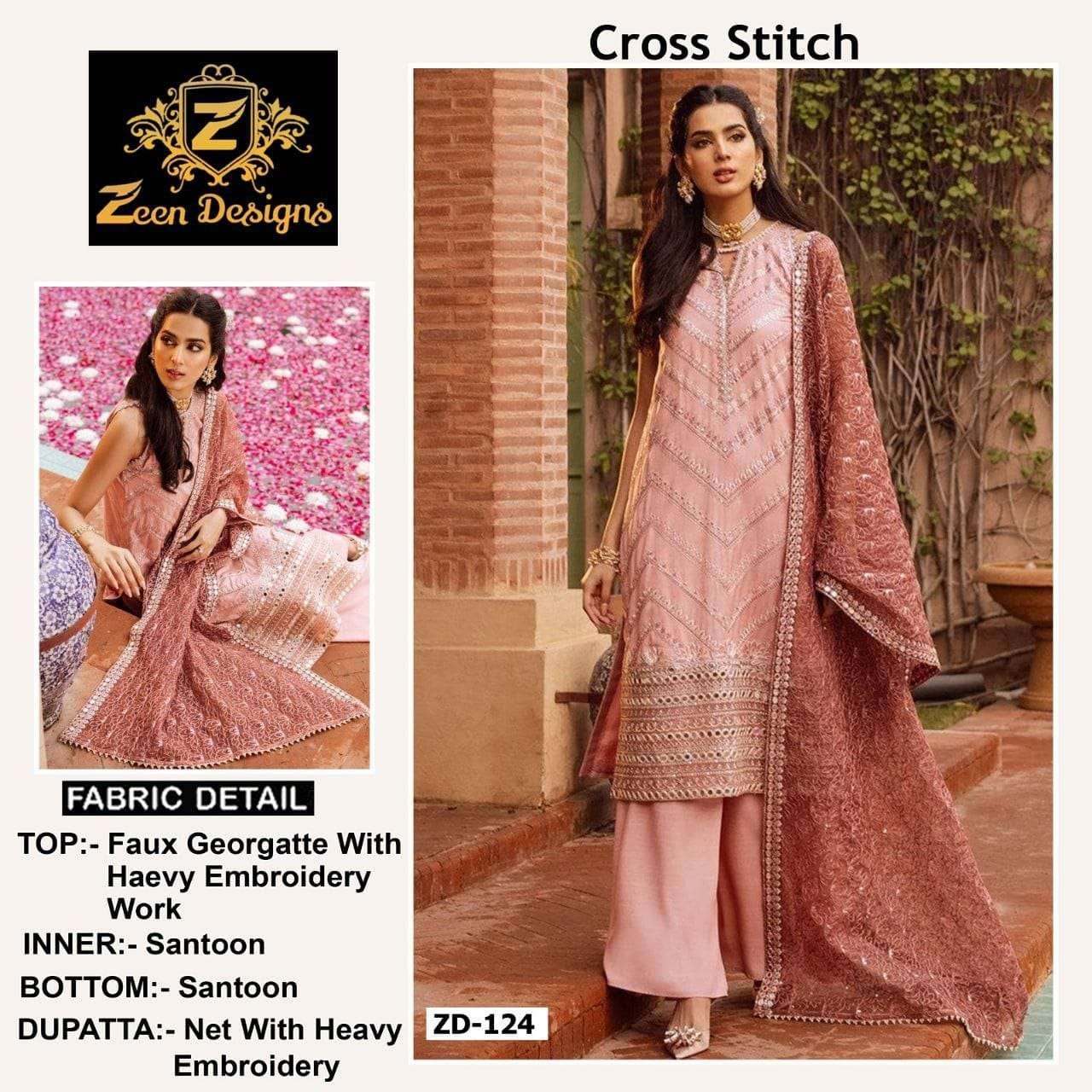 zeen designs presents cross stitch zd 124 faux georgette with heavy embroidery pakistani suit collection heavy embroidery heavy duppta 
