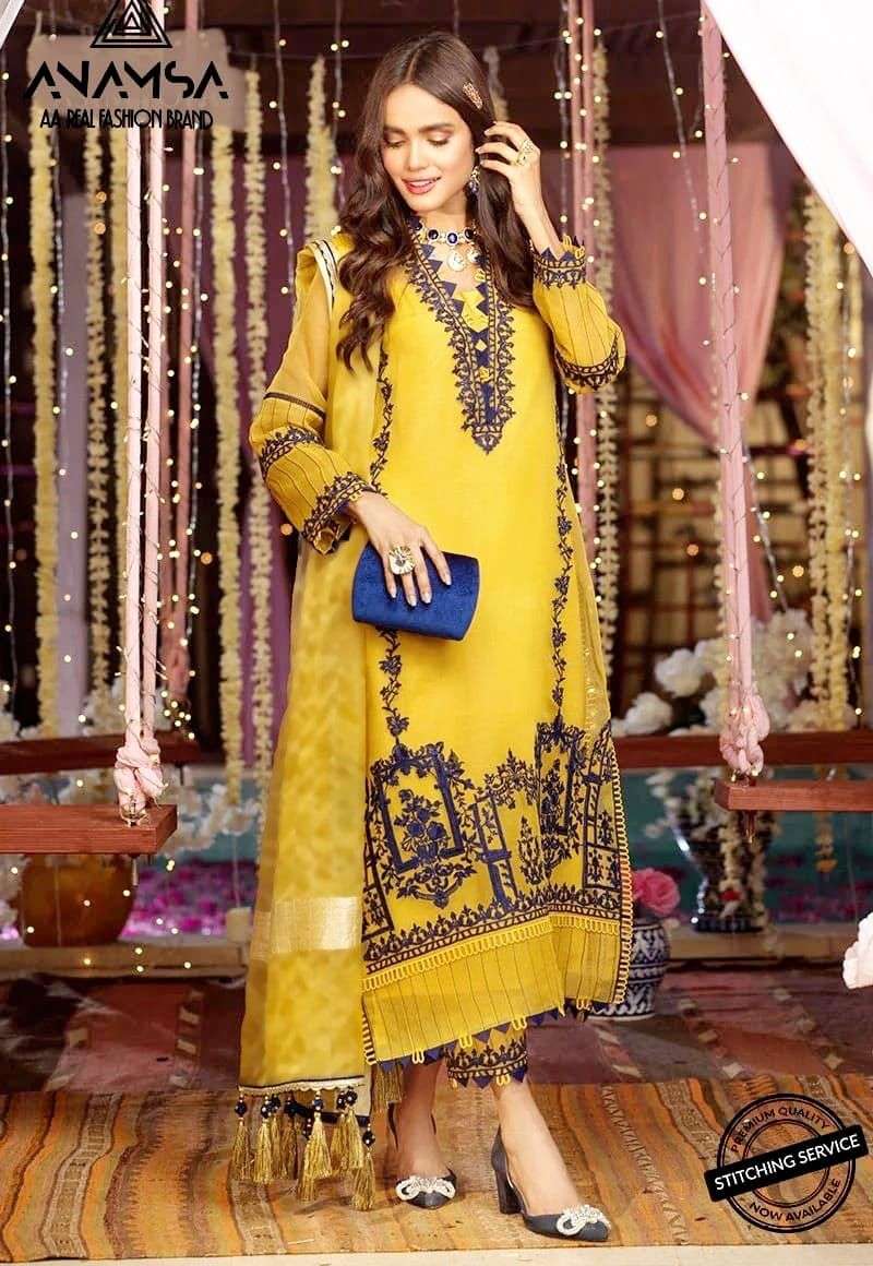 anamsa 7773 new launching design number 228 heavy pure georgette with self embroidered very beautiful design and sequence work yellow shade semi stitched outfit pakistani suit collection  