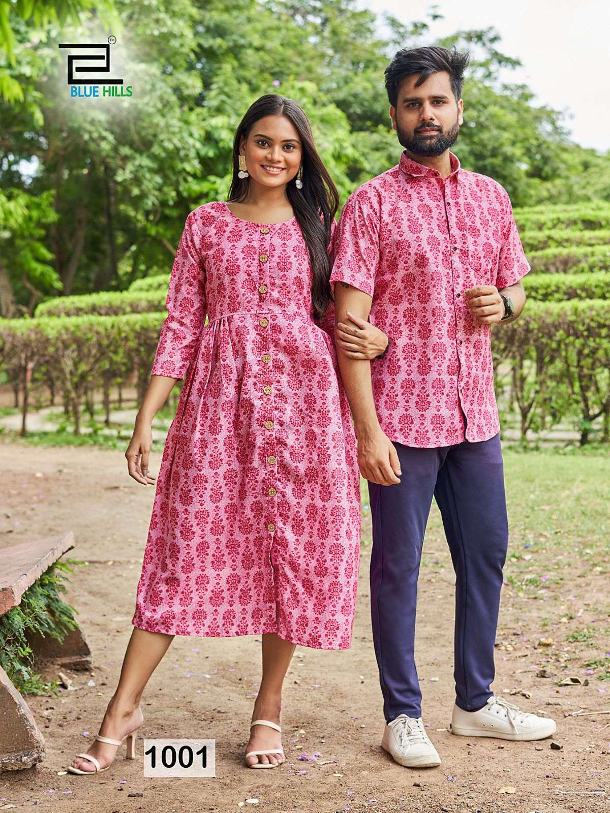 blue hills presents trendy couple 2 same matching exclusive printed shirt and kurti pattern boys same printed shirt and girls kurtie couple wearing same combo kurtie and shirt  