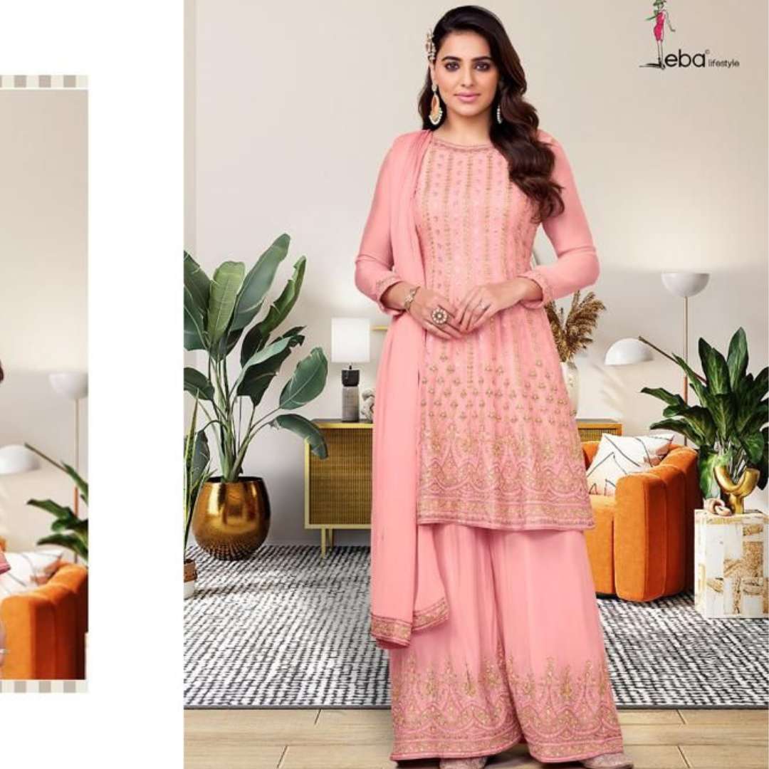 eba lifestyle catalogue aleena series 1503 to 1506 heavy chinon embroidery work heavy designer partywear sharara suit collection  