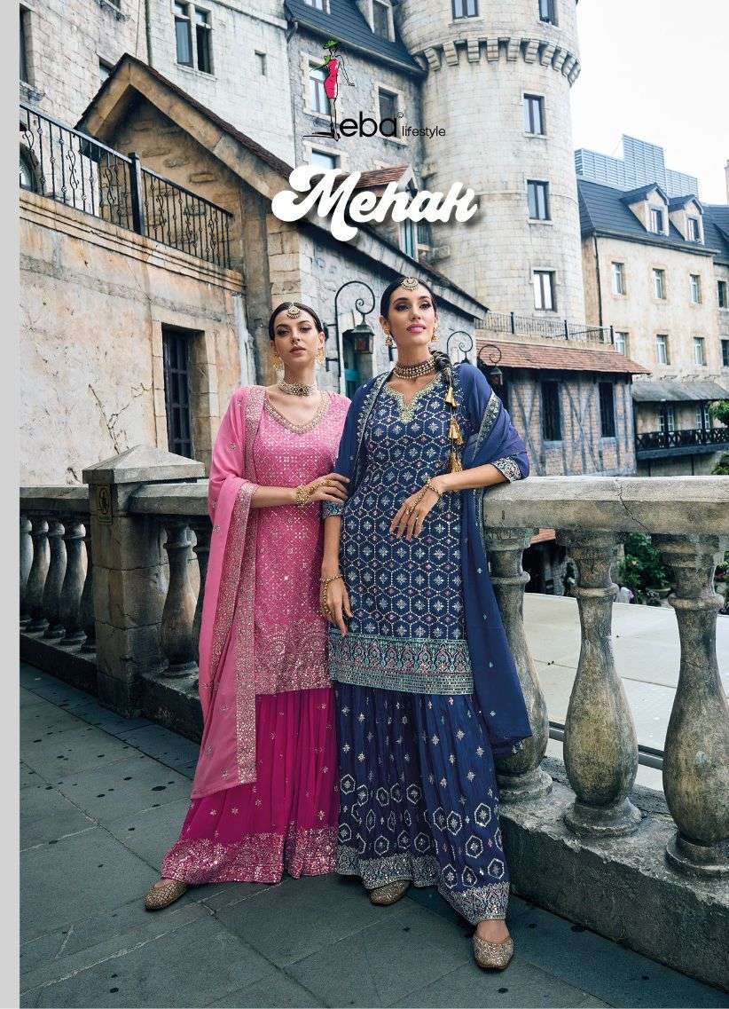 eba lifestyle catalogue mehak series 1596 to 1599 heavy georgette full partywear embroidery sharara suit collection partywear heavy embroidery sharara suit 
