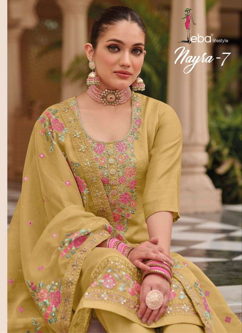 eba lifestyle catalogue nyra vol 7 series 1571 to 1574 pure silk heavy embroidery straight suit partywear simple pakistani suit collection  