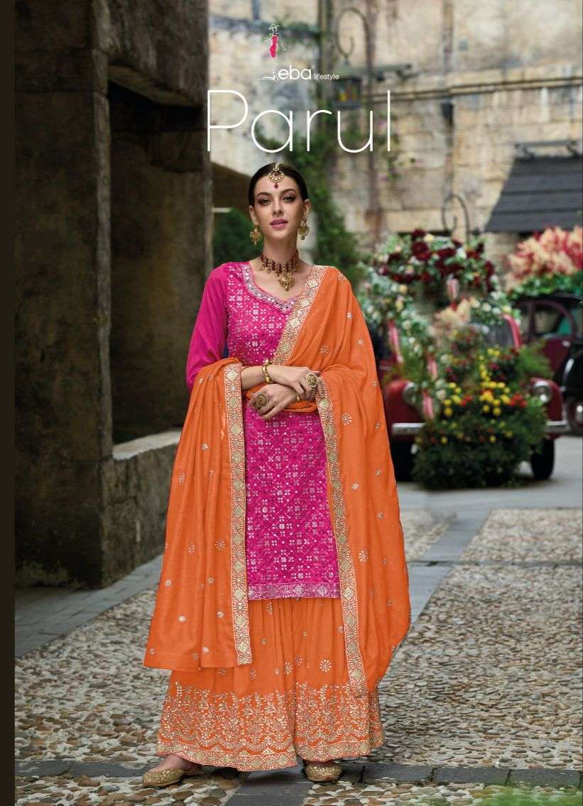 eba lifestyle catalogue parul series 1610 to 1611 premium silk with embroidery contrast combo stylish heavy embroidery sharara suit sharara dresses collection  