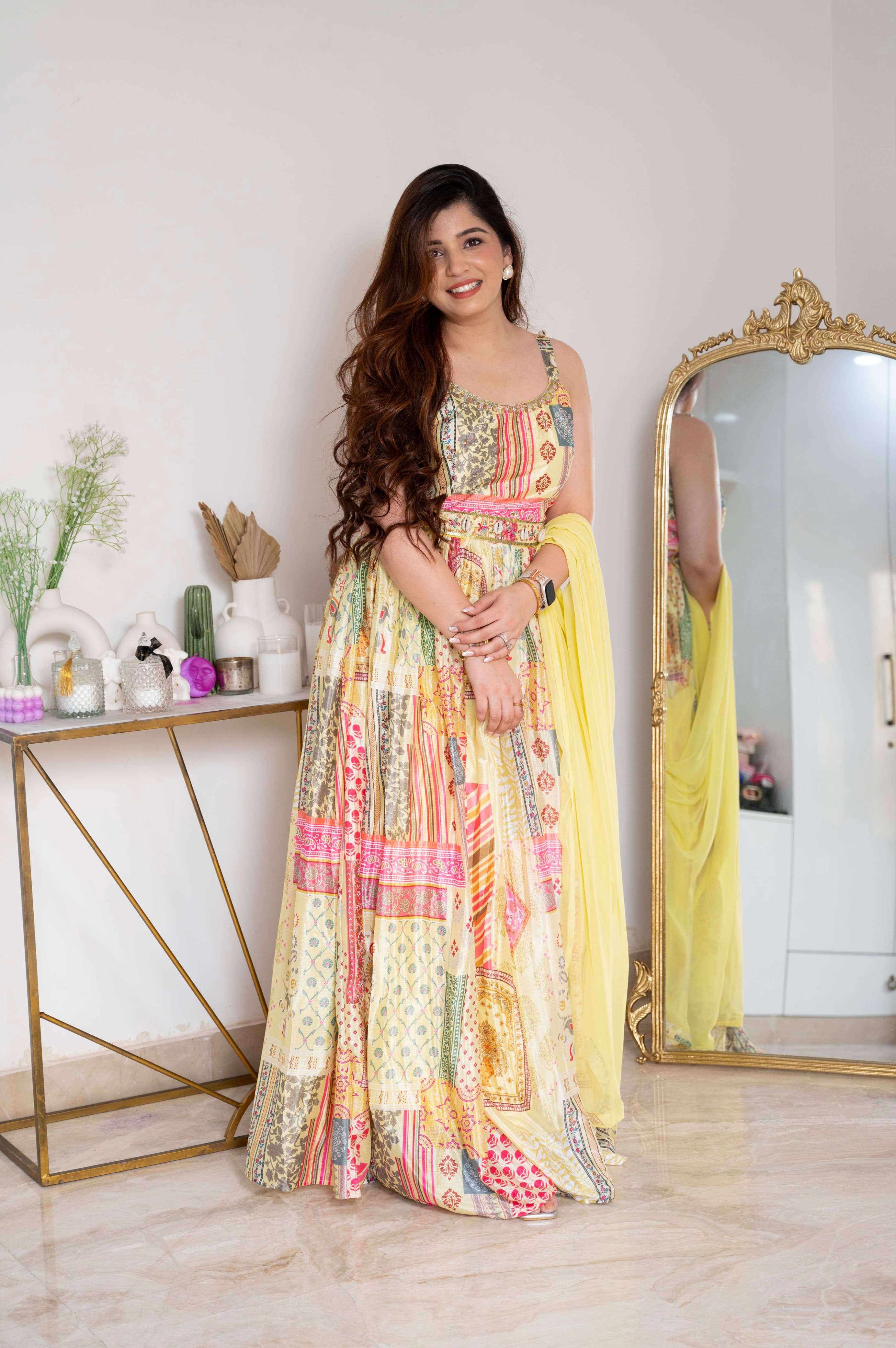 heer yellow printed classic strap maxi with belt amd dupatta handwork belt with premium chinon classic duppta premium stiched quality set sleeveless stylish readymade gown 
