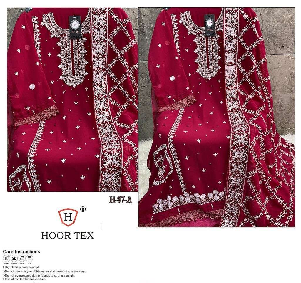 hoor tex design number h 97 a to f fox georgette heavy embroidery partywear pakistani suit collection wholesaler of pakistani suits dresses  