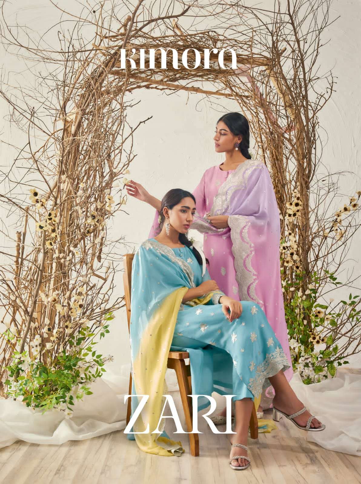 kimora heer catalogue zari series 2131 to 2138 pure organza with scalloped zari embroidery on hemline sleeves and buttis all over with modalle silk inner pure organza suit 